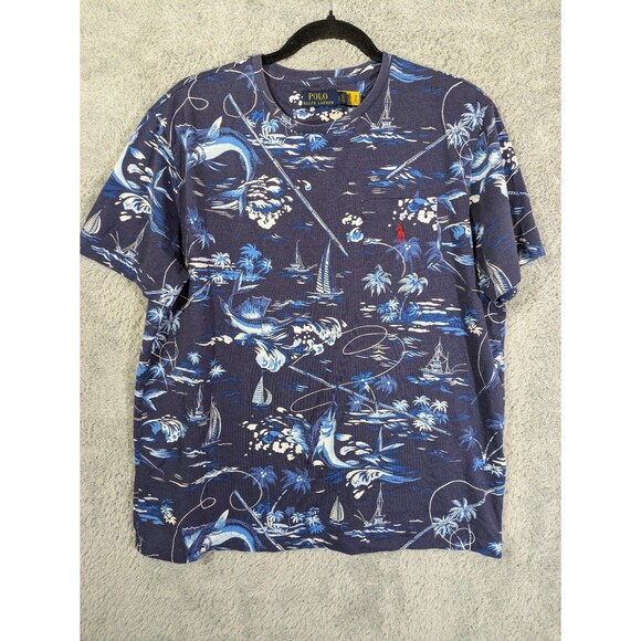 Polo Ralph Lauren Marlin Fishing Print Tee Size Large Blue Coastal Summer - Picture 1 of 9